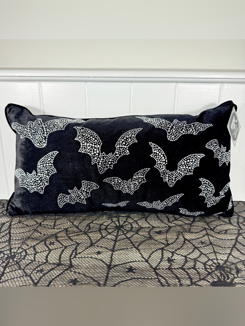 NEW Spooktakular Black Bedazzled Bats Halloween Pillow